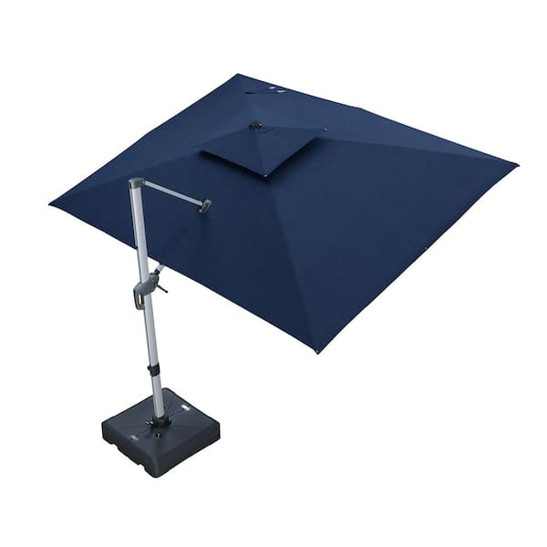 9 ft. x 12 ft. Sunbrella Aluminum 360° Rotation Silvery Cantilever Outdoor Patio Umbrella with Base in Navy Blue