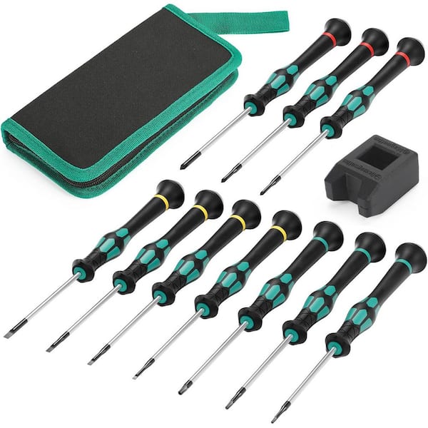Precision Screwdriver Set Magnetic Tips Ergonomic Handle 10 Bits Canvas Storage Case 10-Piece Hand Tool Kit