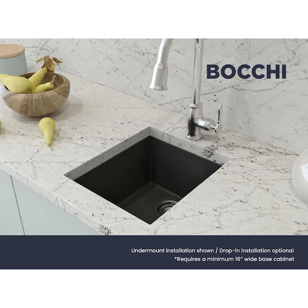 Campino Uno Metallic Black Granite Composite 16 in. Single Bowl Drop-In/Undermount Bar Sink with Strainer