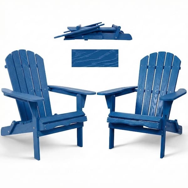 Navy Blue Solid Wood Outdoor Folding Adirondack Chair Set(2-Pack)