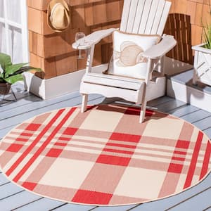 Courtyard Red/Bone 4 ft. x 4 ft. Plaid Indoor/Outdoor Patio  Round Area Rug