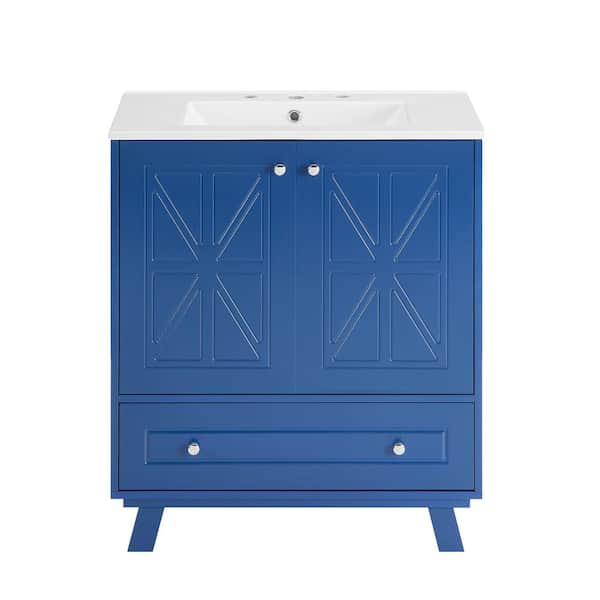 JimsMaison 30 in. W x 18 in. D x 33 in. H Single Sink Freestanding Bath Vanity in Blue with White Ceramic Top