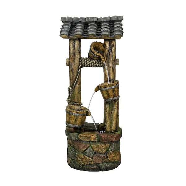 Watnature 39.3 in. 4-Tier Resin Wishing Well Water Fountain, Rustic Outdoor Garden Decor Fountain with LED Lights for Lawn