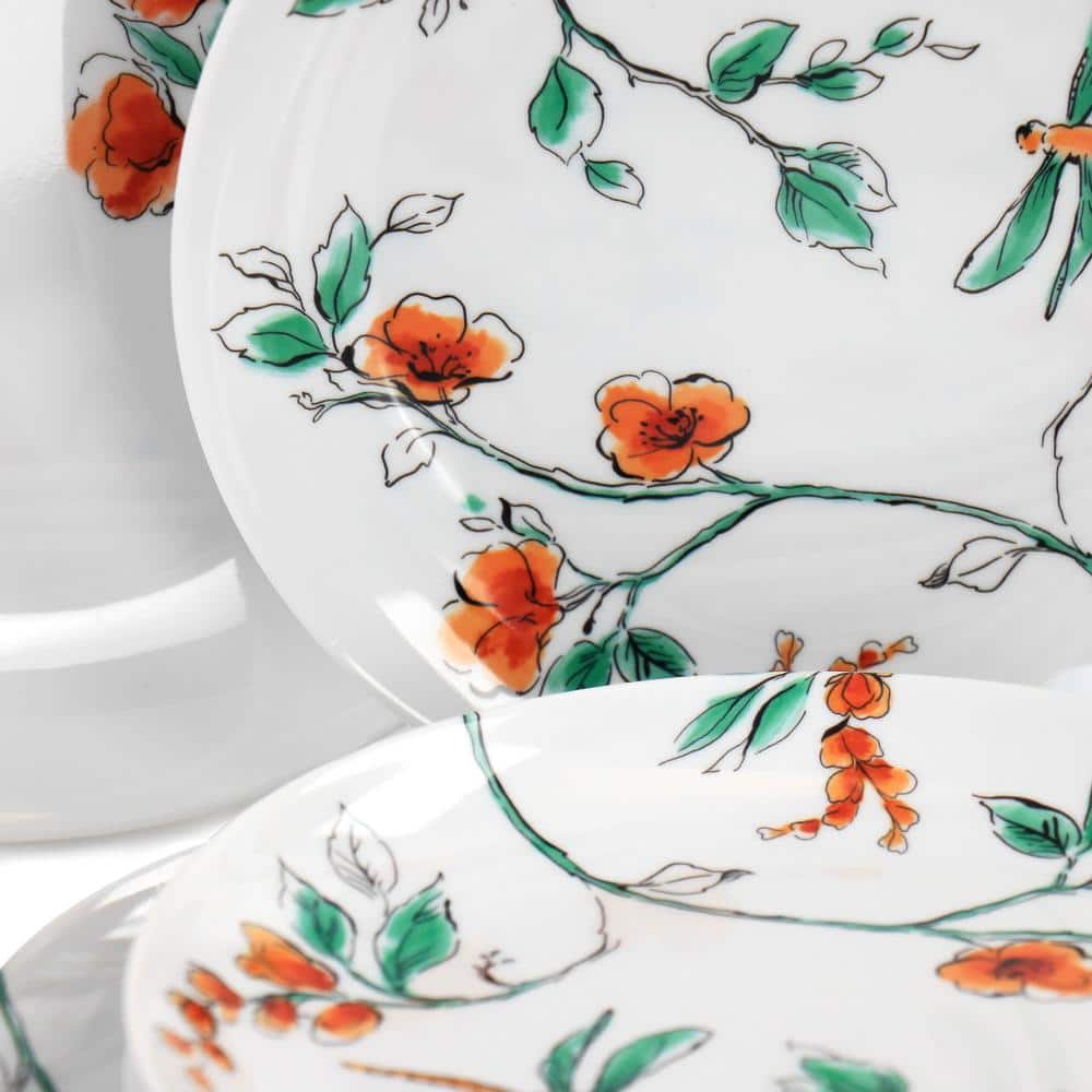 White Floral Dragonfly Melamine Dinnerware Set, Service for 4