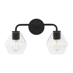 Jett 17 in. 2-Light Midnight Black Modern Transitional Dimmable Wall Bathroom Vanity Light with Clear Glass Shades