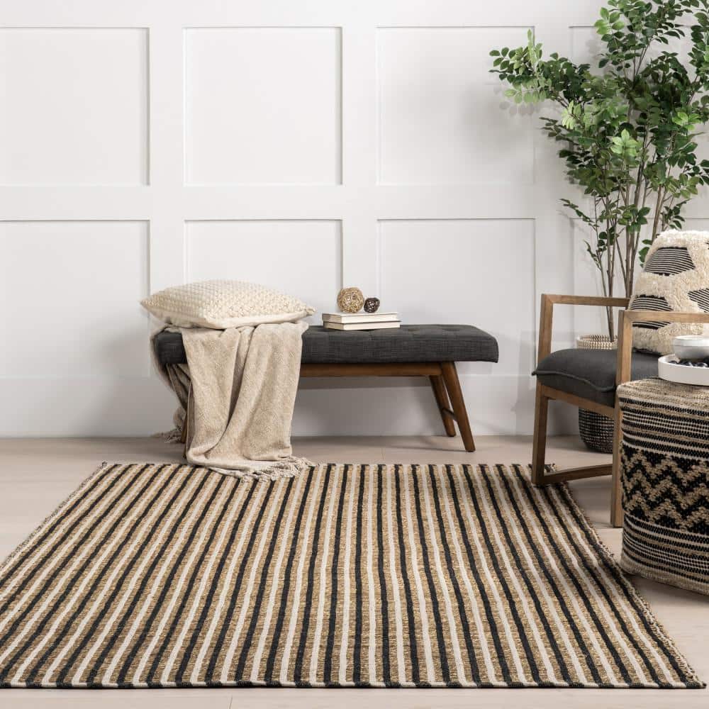 Ivory and Black Striped Cotton and Seagrass Rectangular Rug, 5' x 8'