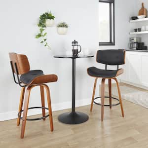 Lombardi 26.75 in. Black Faux Leather, Walnut Wood and Black Metal Fixed-Height Counter Stool Round Footrest (Set of 2)