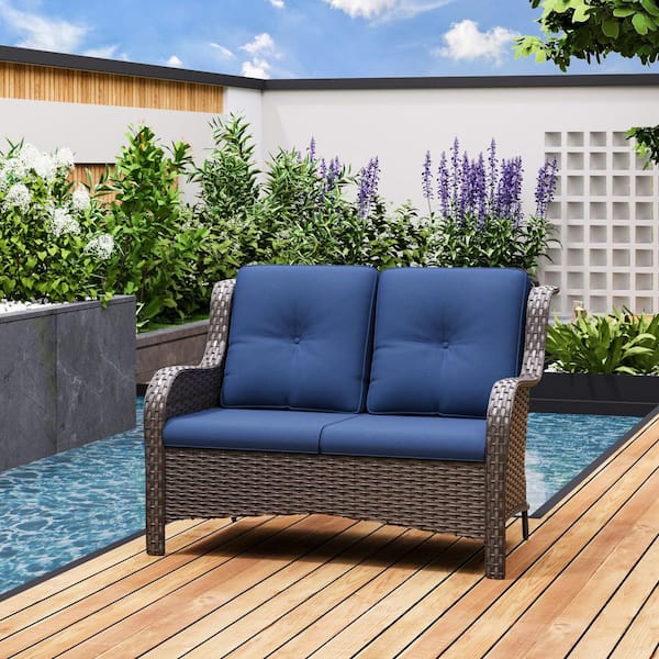 JOYSIDE Brown Wicker Outdoor Couch Patio Loveseat Deep Seating with Blue Cushions