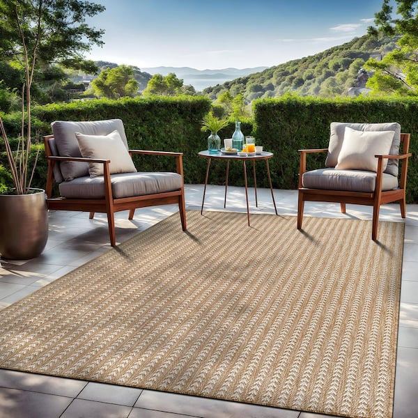 Arrow Natural 5 ft. x 7 ft. Chevron Striped Washable Indoor Outdoor Area Rug
