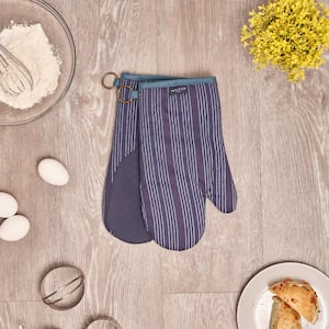 Navy Striped 100% Cotton Oven Mitts With Silicone Palm (Set of 2)