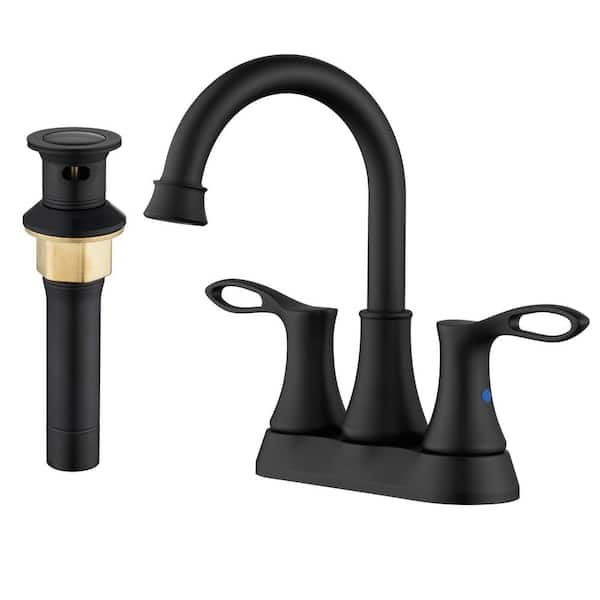 Mondawe 4 in. Centerset Double Handle High Arc 1.2 GPM Bathroom Sink Faucet with Stainless Steel Drain Kit in Matte Black