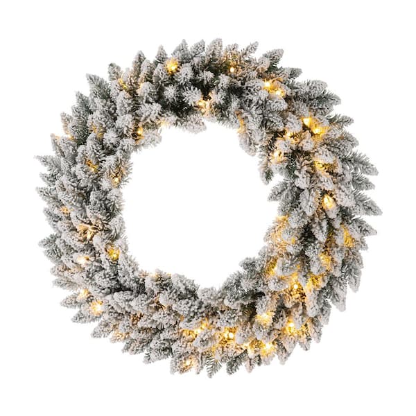 Glitzhome 24 in. D Pre-Lit Snow Flocked Greenery Pine Poinsettia Artificial  Christmas Wreath, with 50 White Lights with Timer 2016000016 - The Home  Depot