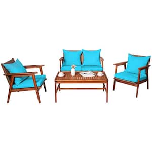4-Pieces Wicker Patio Conversation Set Acacia Wood Frame with Turquoise Cushions