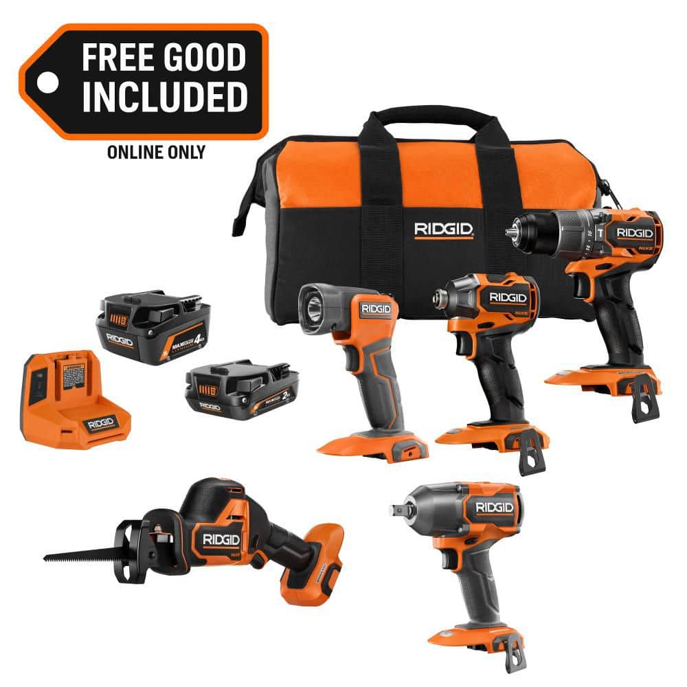 Ridgid "18V NUKE SubCompact Brushless 4-Tool Combo Kit w/ 2Ah, 4Ah Battery, & Charger w/ FREE 18V BL 4-Mode 1/2"" Impact Wrench"