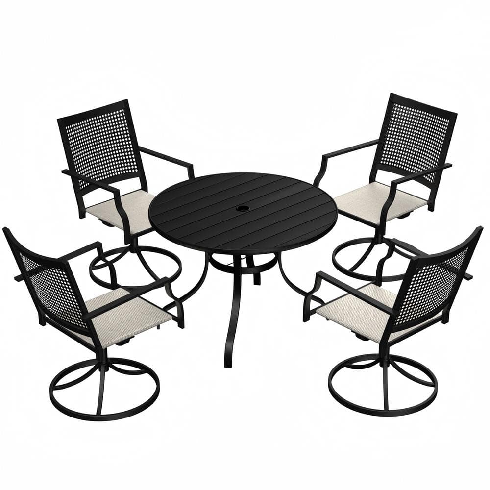 5-Piece Metal Outdoor Dining Set Round Table with Umbrella Hole Swivel Dining Chairs with Beige Cushions -  Mondawe, MO-C3312T73A