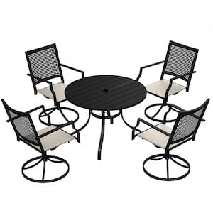 5-Piece Metal Outdoor Dining Set Round Table with Umbrella Hole Swivel Dining Chairs with Beige Cushions