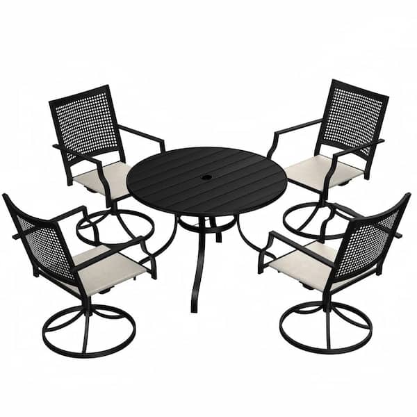 Mondawe 5-Piece Metal Outdoor Dining Set Round Table with Umbrella Hole Swivel Dining Chairs with Beige Cushions