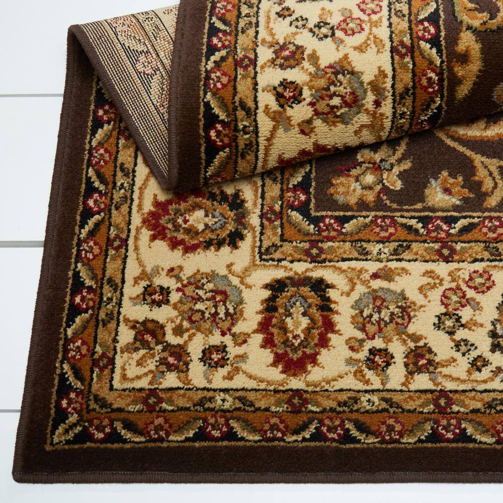 Brown Ivory Traditional Ornate Damask Runner Rug