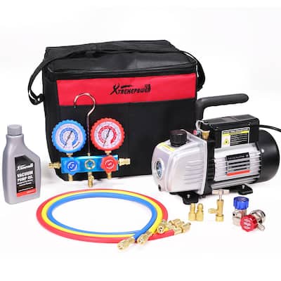 HVAC AC Repair Complete Set with 3.5 CFM 1/4 HP Vacuum Pump Manifold Gauge Set