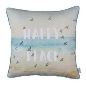 Nautical Coastal Happy Quote Decorative Single Throw Pillow Cover 18 in. x 18 in. Square White and Blue