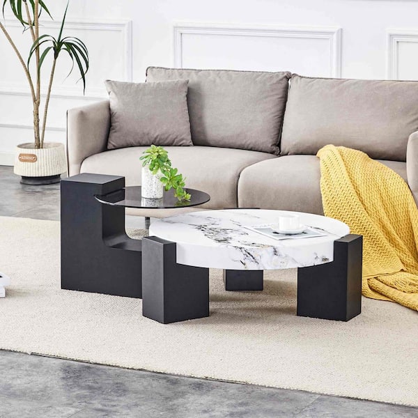 Polibi 24 in. White/Black Round Glass Coffee Table with Shelves