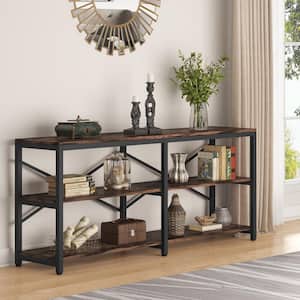 Bulgari 70.9 in. Rectangle Black Metal Brown Particle Board Wood Console Table Sofa Table with 3 Open Storage Shelves