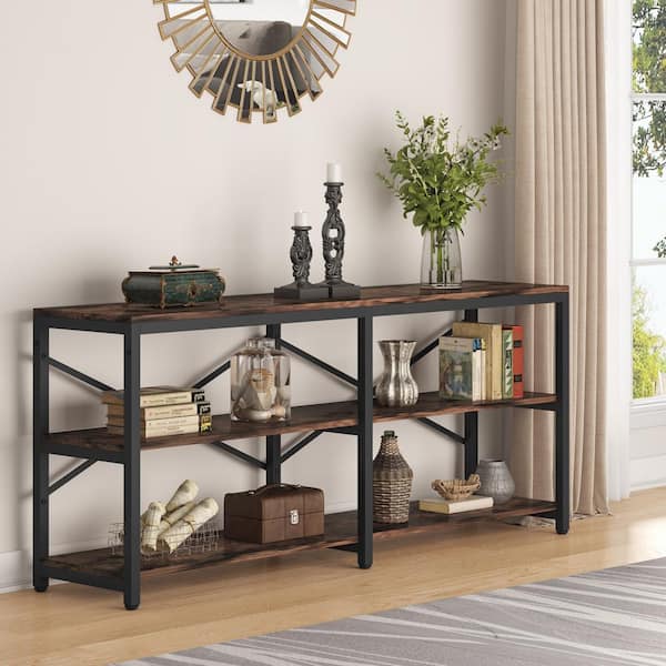 TRIBESIGNS WAY TO ORIGIN Bulgari 70.9 in. Rectangle Black Metal Brown Particle Board Wood Console Table Sofa Table with 3 Open Storage Shelves