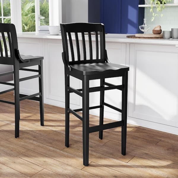 Hercules 29.5 in School House Back Black Wood Restaurant Bar Stool with Wood Seat