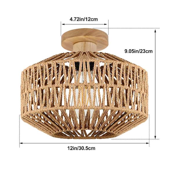 LynPon 12 in. 1-Light Bohemian Rattan Semi Flush Mount Ceiling