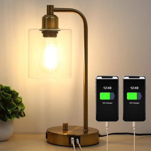 14 Industrial Gold Table Lamp with Glass Shade for Bedrooms