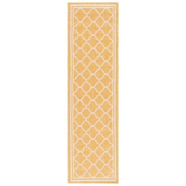 Courtyard Gold/Beige 2 ft. x 8 ft. Border Quatrefoil Indoor/Outdoor Runner Rug