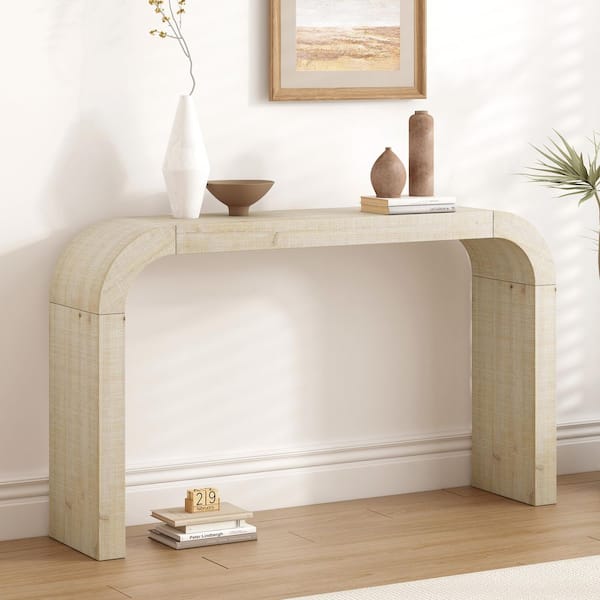 Harper & Bright Designs 52 in. Natural Color Rectangle Wood Console Table with Curved Edge, Natural Texture