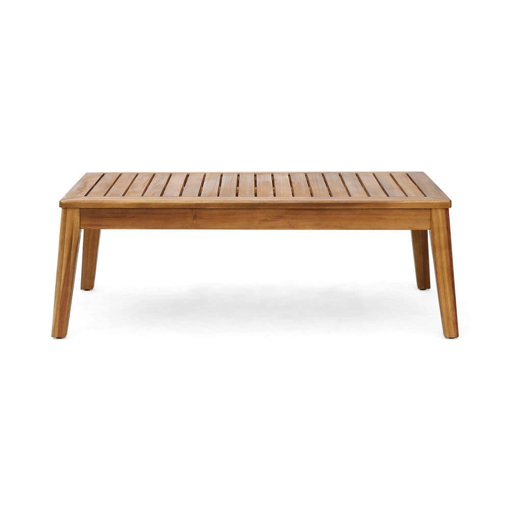Rectangular outdoor coffee table with slatted wood top.