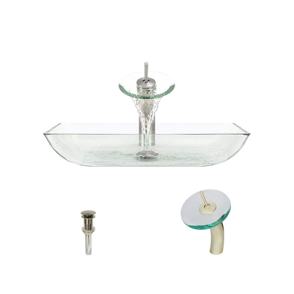 Mr Direct Glass Vessel Sink In Crystal With Waterfall Faucet And Pop Up Drain In Brushed Nickel 640 Cr Wf Bn Ens The Home Depot