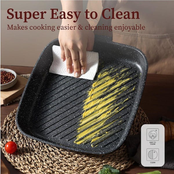 Lynzavix 11 in. x 11 in. Black Granite Nonstick Grill Pan Square
