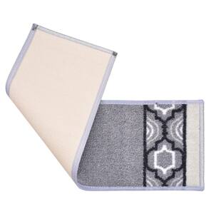 Trellis Border Custom Size Gray 11.5 in. x 32 in. Indoor Carpet Stair Tread Cover Slip Resistant Backing (Set of 7)