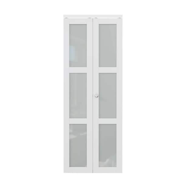 EH PUERTA 32 in. x 80 in. 3-Lite Tempered Frosted Glass and Solid Core White Finished MDF Closet Bi-Fold Door with Hardware