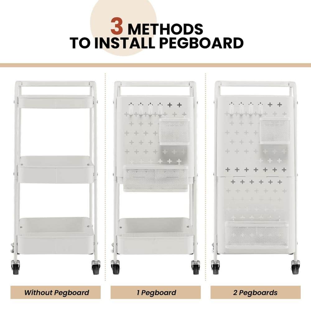 White Powder-Coated Carbon Steel 3-Tier Utility Storage Cart with Pegboard Baskets
