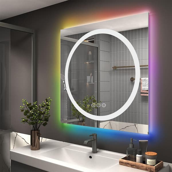 KIOTEE 24 in. W x 32 in. H Rectangular Frameless LED Frontlit,RGB Backlit Anti-Fog Tempered Glass Wall Bathroom Vanity Mirror