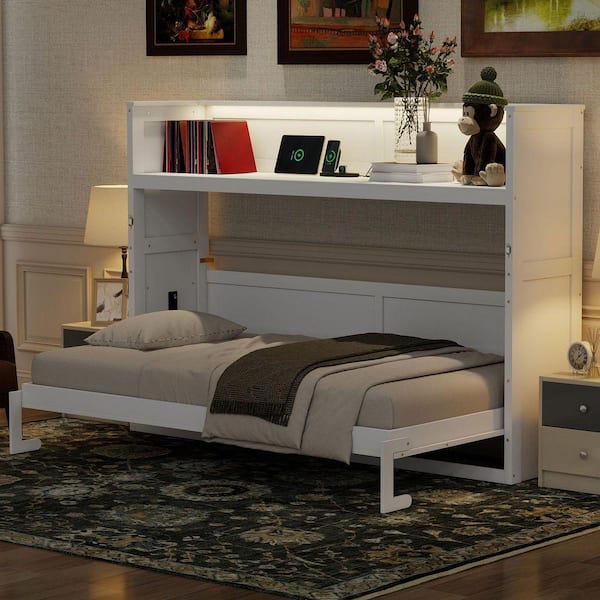 White Wood Frame Twin XL Murphy Bed with Desk, LED Light and USB Charging Station
