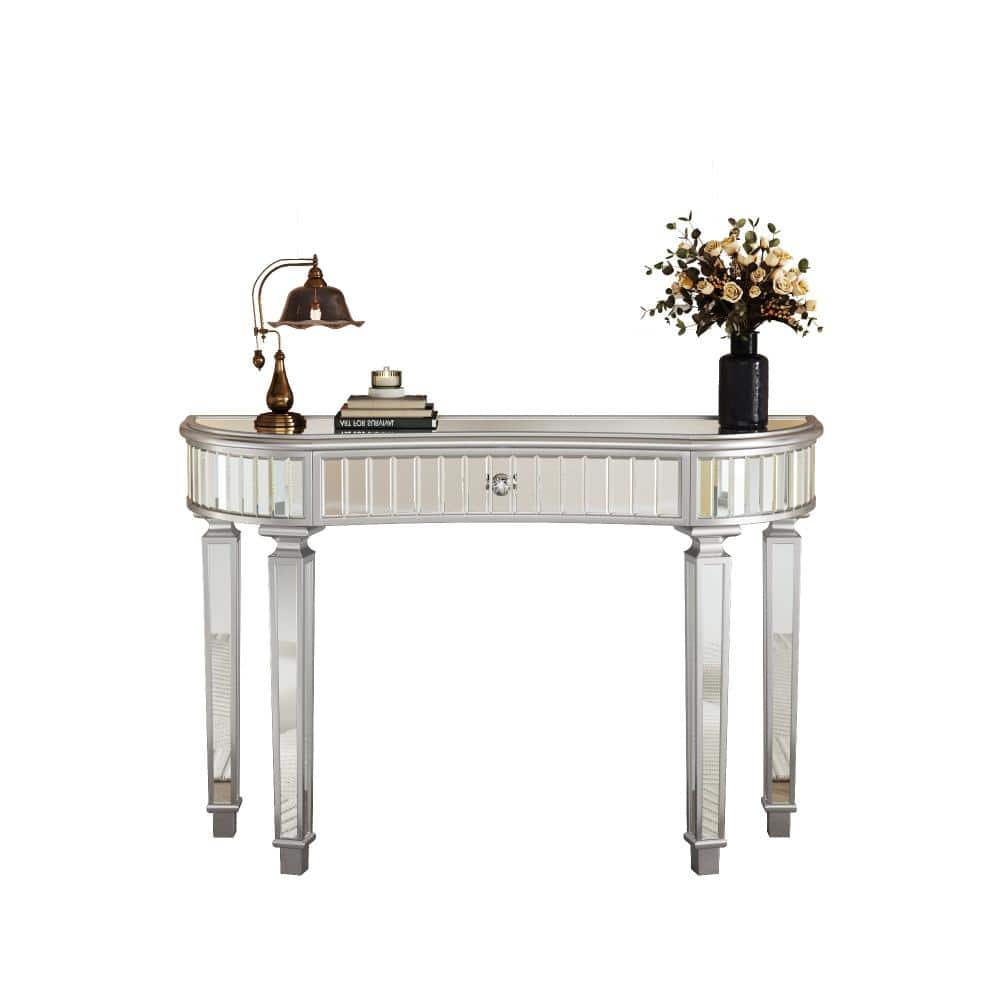 47.24 in. Silver Grey Half Moon Mirrored Glass Console Table with Fluted Glass & Crystal Knob Drawer
