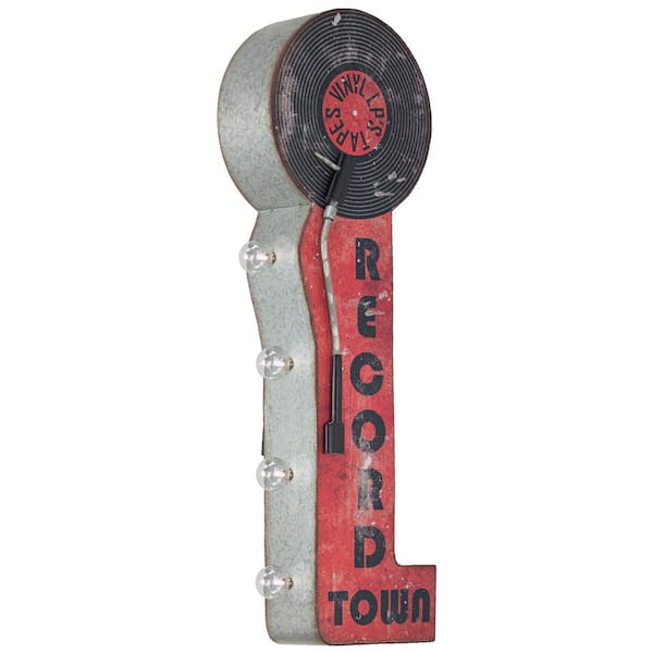 American Art Decor Vintage LED Marquee Wall Decor-Retro Wall Sign-Bar Decor, Man Cave, Garage (Record Town) 10" x 30"