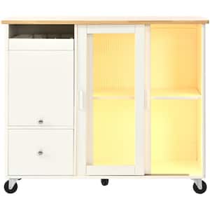 NT White Solid Wood 44in Kitchen Island with Drop Leaf with LED Light Kitchen Cart on Wheels with 2 Fluted Glass Doors﻿
