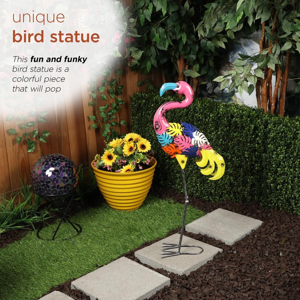 Colorful Metal Flamingo Garden Statue with Palm Leaf Design