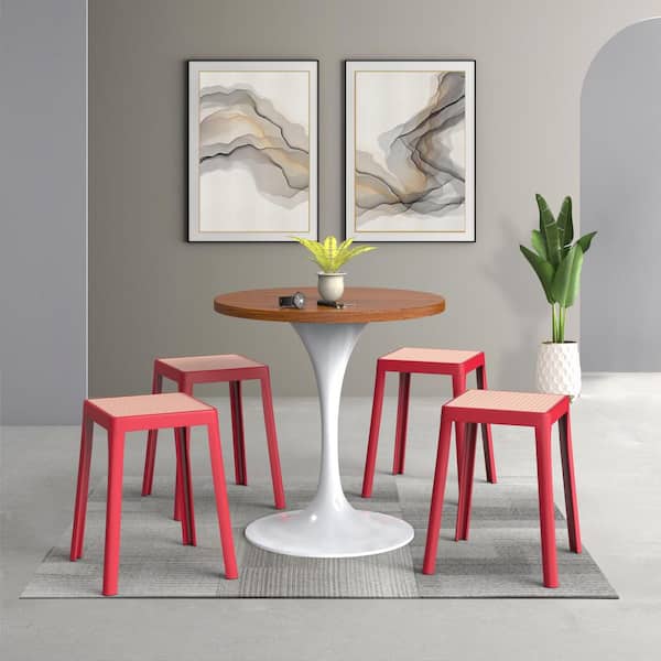 Tresse 18 in. Red Backless Square Plastic Dining Stool with Plastic Seat