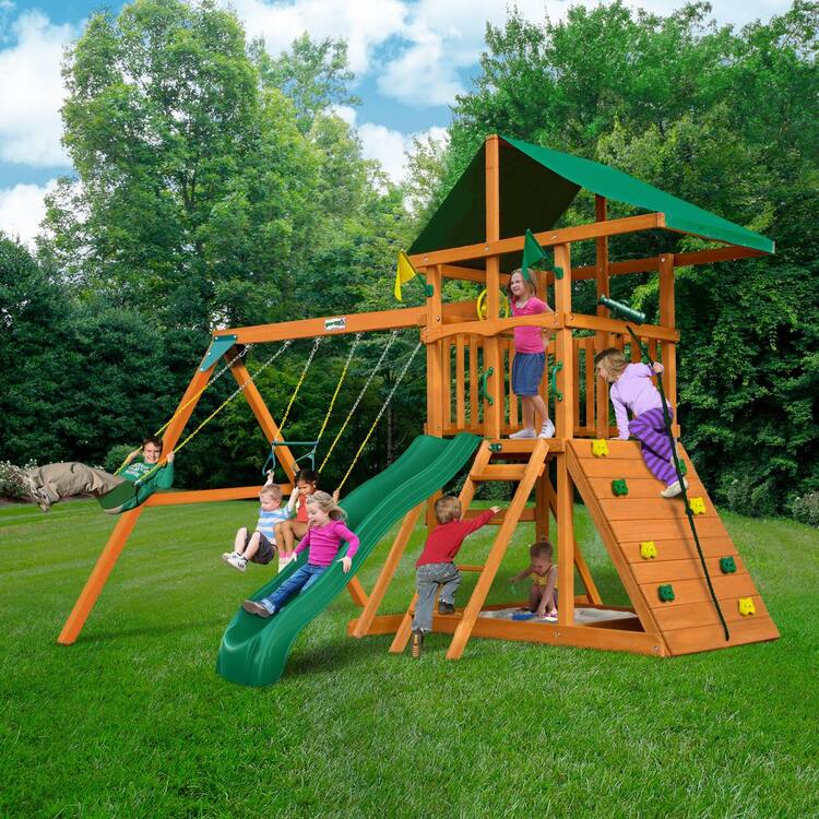 Gorilla Playsets DYI Outing III Wooden Outdoor Playset with Tarp Roof, Rock Wall, Wave Slide