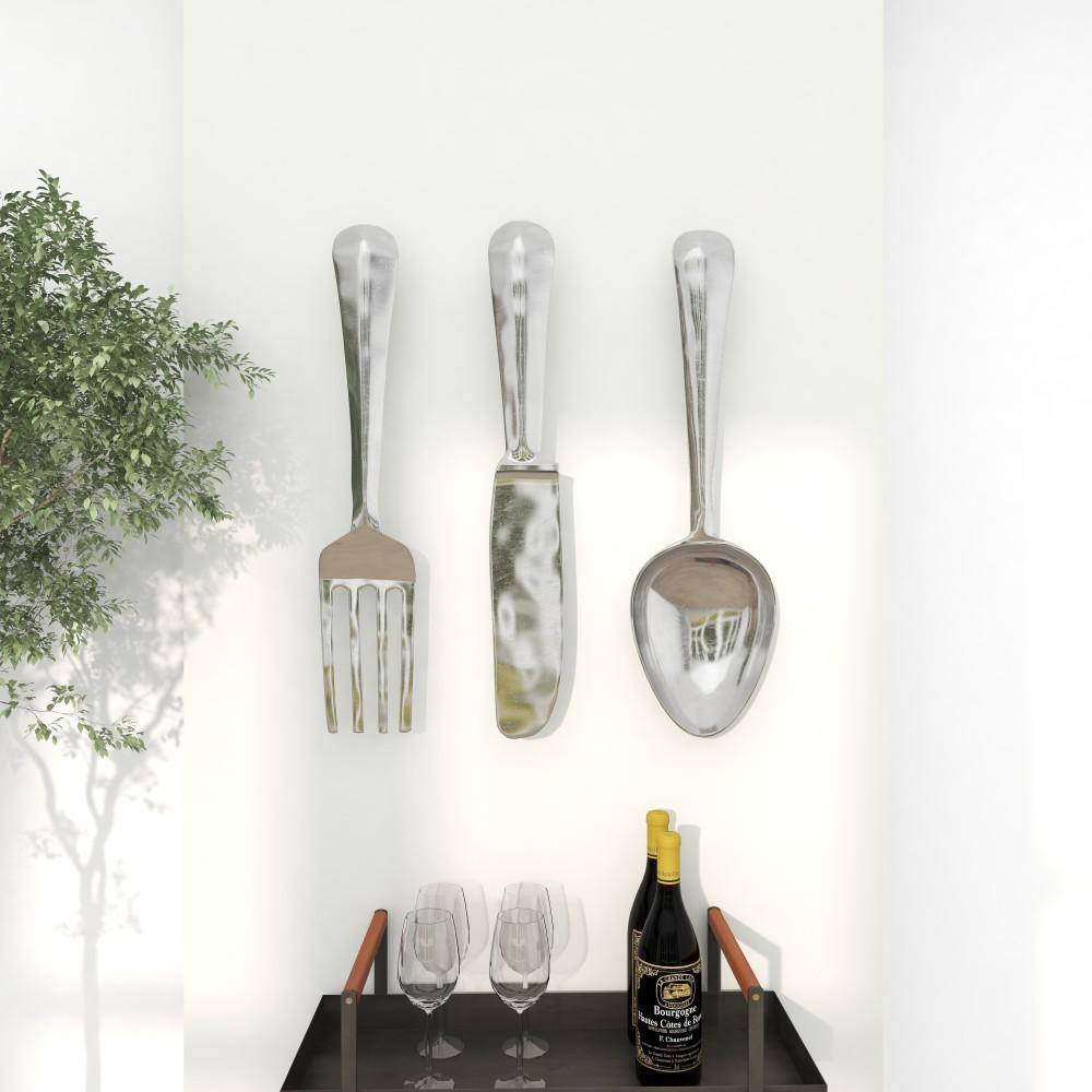 4" x 23" Set of 3 Aluminum Utensils Knife, Spoon and Fork Wall Decors Silver - Olivia & May