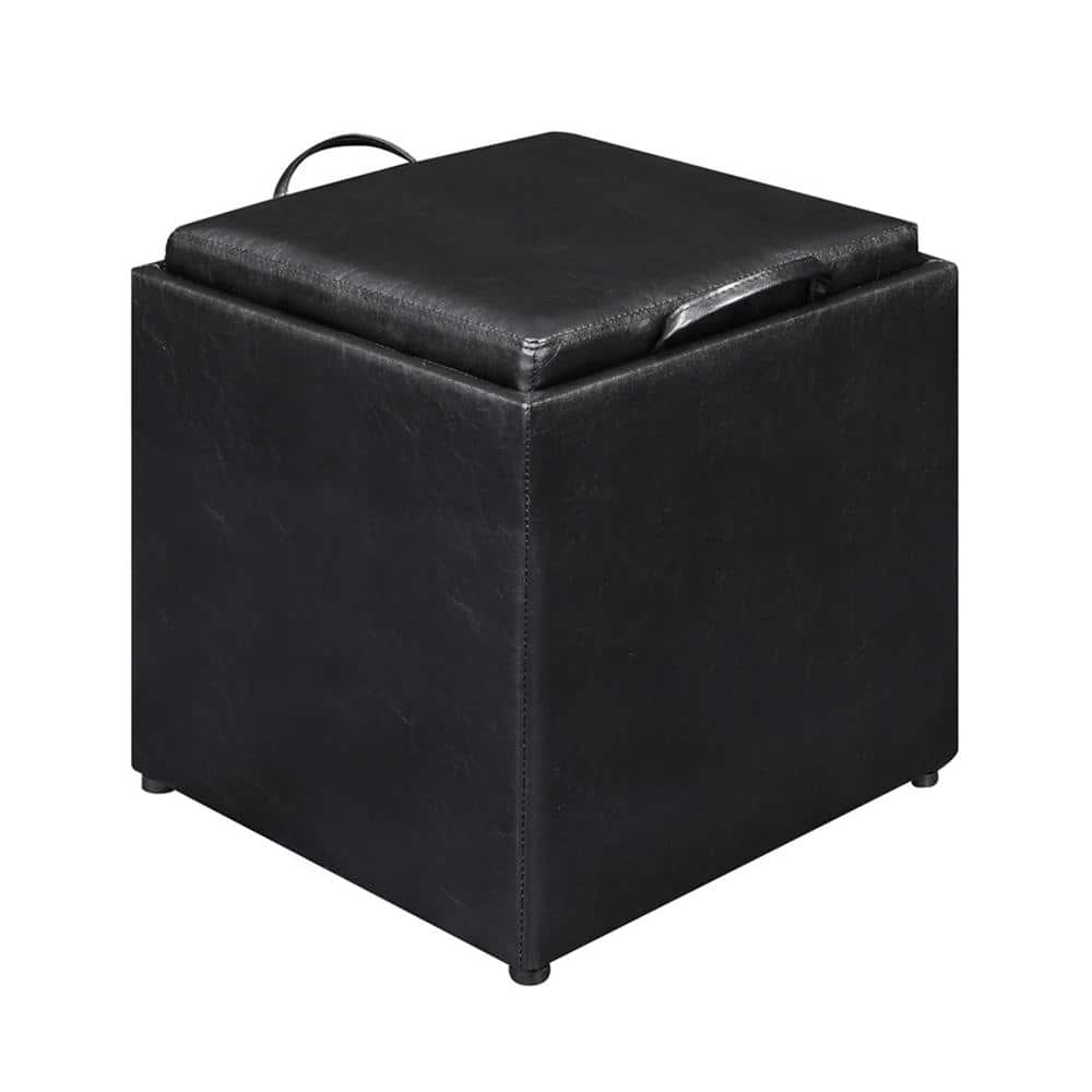 Black Faux Leather Ottoman with Reversible Tray and Storage