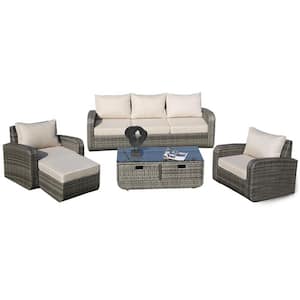 Albright Gray 5-Piece Wicker Patio Conversation Set with Beige Cushions