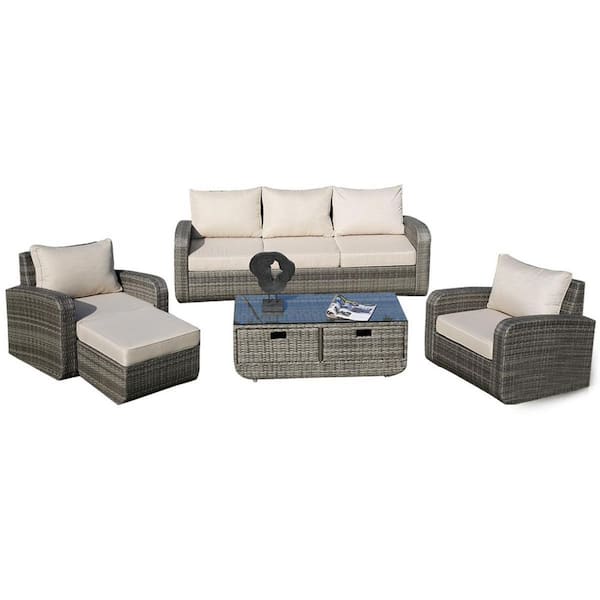 moda furnishings Albright Gray 5-Piece Wicker Patio Conversation Set with Beige Cushions